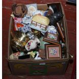 A box of miscellaneous metalwares and ornamental ceramics, figurines, vases etc.