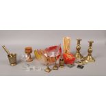 A group of glass, brassware, collectables etc to include Walther glass bowl, candlesticks, Cussons