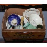 A box of miscellaneous including blue and white Burslem bowl, Sandland ware character jug, Royal