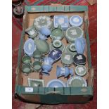 A box of Wedgwood Jasperware to include blue and green examples etc.