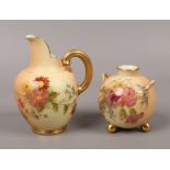 A Royal Worcester blush ware flat back jug and a similar globular vase with loop handles and