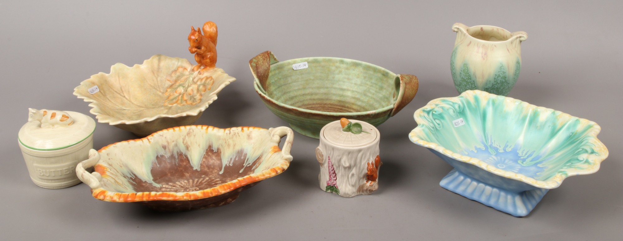 A collection of Crown Devon ceramic to include squirrel dish, butter pot etc.