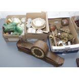 Three boxes of miscellaneous to include twin lion handle copper vessel, decorative dog of fo,