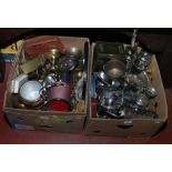 Two boxes of mainly metalwares to include silver plate, tins, decorative brasswares etc.