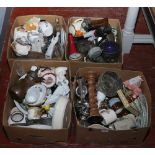 Four boxes of miscellaneous ceramics, metalwares and glass to include figurines, teawares, ginger