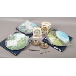 Three boxed Coalport golfing themed plates, similar mantel clock, Aynsley clock, two Parker pens and