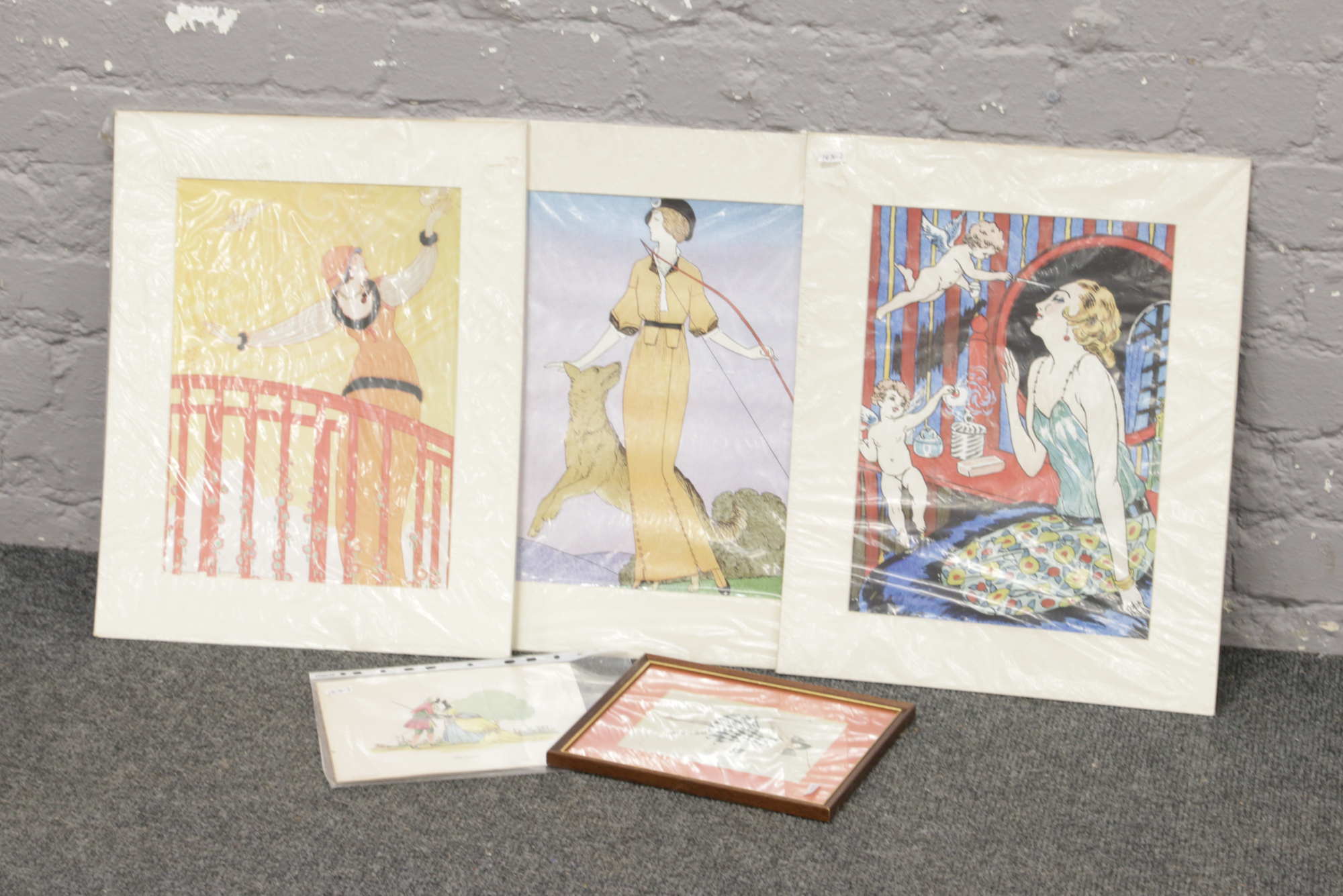 Three unframed Art Deco prints, along with a framed Folkard print and an old world series print, The