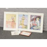 Three unframed Art Deco prints, along with a framed Folkard print and an old world series print, The