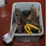 A box of assorted hand tools, spanners, wood saws, tape measure etc.