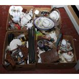 Four boxes of miscellaneous ceramics, metalwares and glass to include animal prints, figurines,