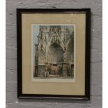A framed coloured etching, view of Notre Dame signed in pencil (printed in Paris).