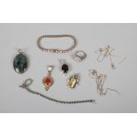 A quantity of silver jewellery including two coloured stone line bracelets, hardstone pendant, three