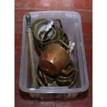 A box of brasswares to include coal scuttle, planters, garden spray etc.