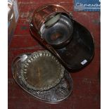 A small collection of metalwares to include copper coal scuttle, ornate silver plate trays etc.