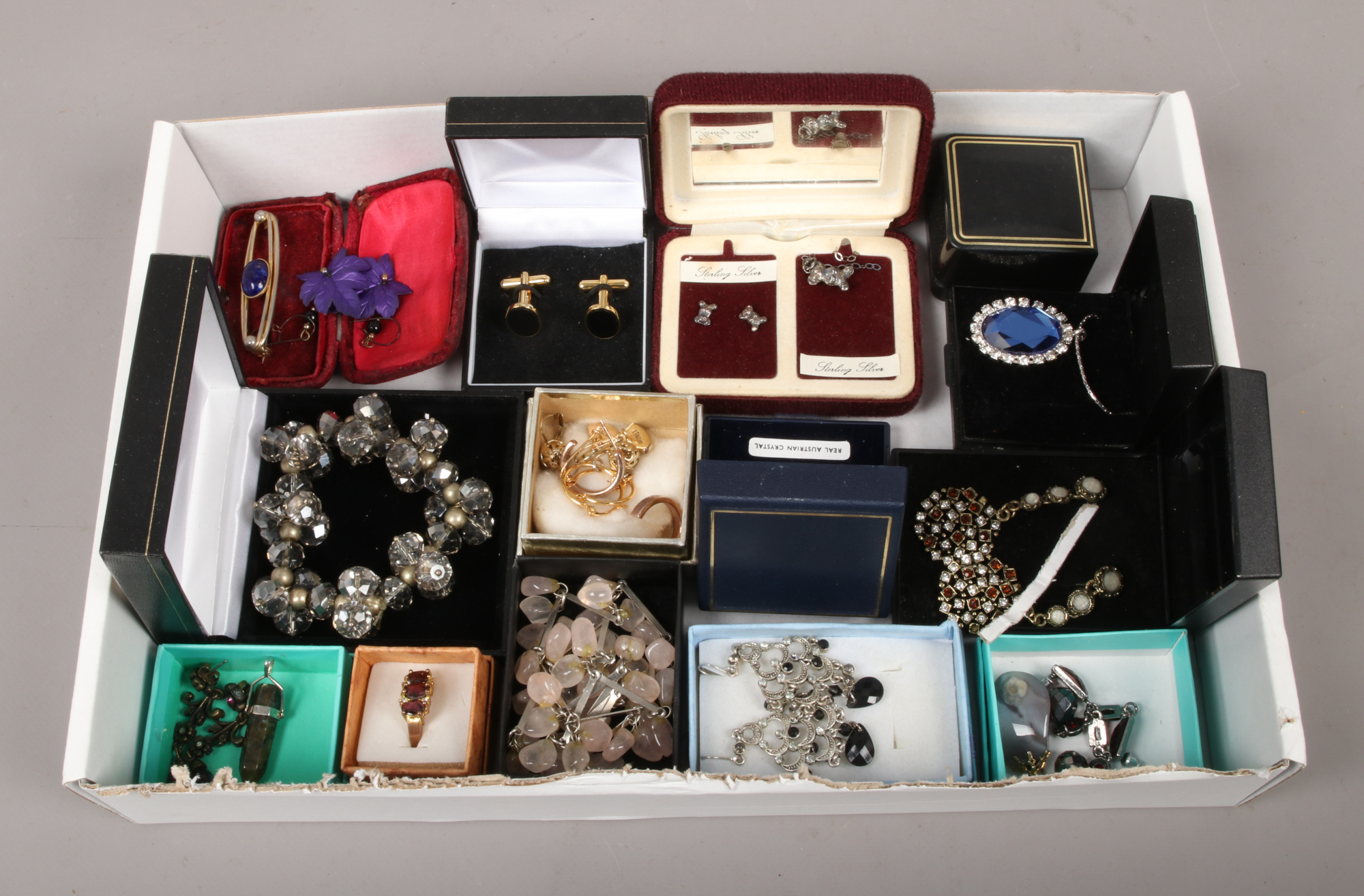 A quantity of boxed dress jewellery including earrings, cufflinks, rings etc.