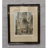 A framed coloured etching, view of Notre Dame signed in pencil (printed in Paris).