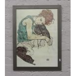 After Egon Schiele, framed print, seated woman with bent knees.