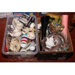 Two boxes of miscellaneous to include Cherished teddies, senior service cigarette cards, glassware