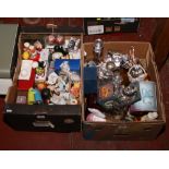 Two boxes of miscellaneous to include glass decanters, musical boxes, cruets, Winnie the Pooh figure