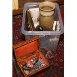 A box of collectables including poker work style trinket box, crested ware, packs of playing