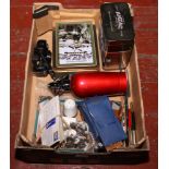 A box of collectables to include 14ct gold nib fountain pen, postcards, camera etc.