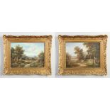 J. Robertson (British early 20th century) pair of gilt framed oils on panel. Extensive landscape