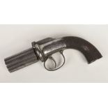 A mid 19th century six-shot pepperbox revolver. With fluted barrels, engraved round action, tang and