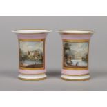 A pair of Chamberlains Worcester small cylindrical vases with over hanging rims. Pink ground, with