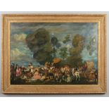 A large 19th century gilt framed oil on panel. Medieval country fayre with a tableau of figures,