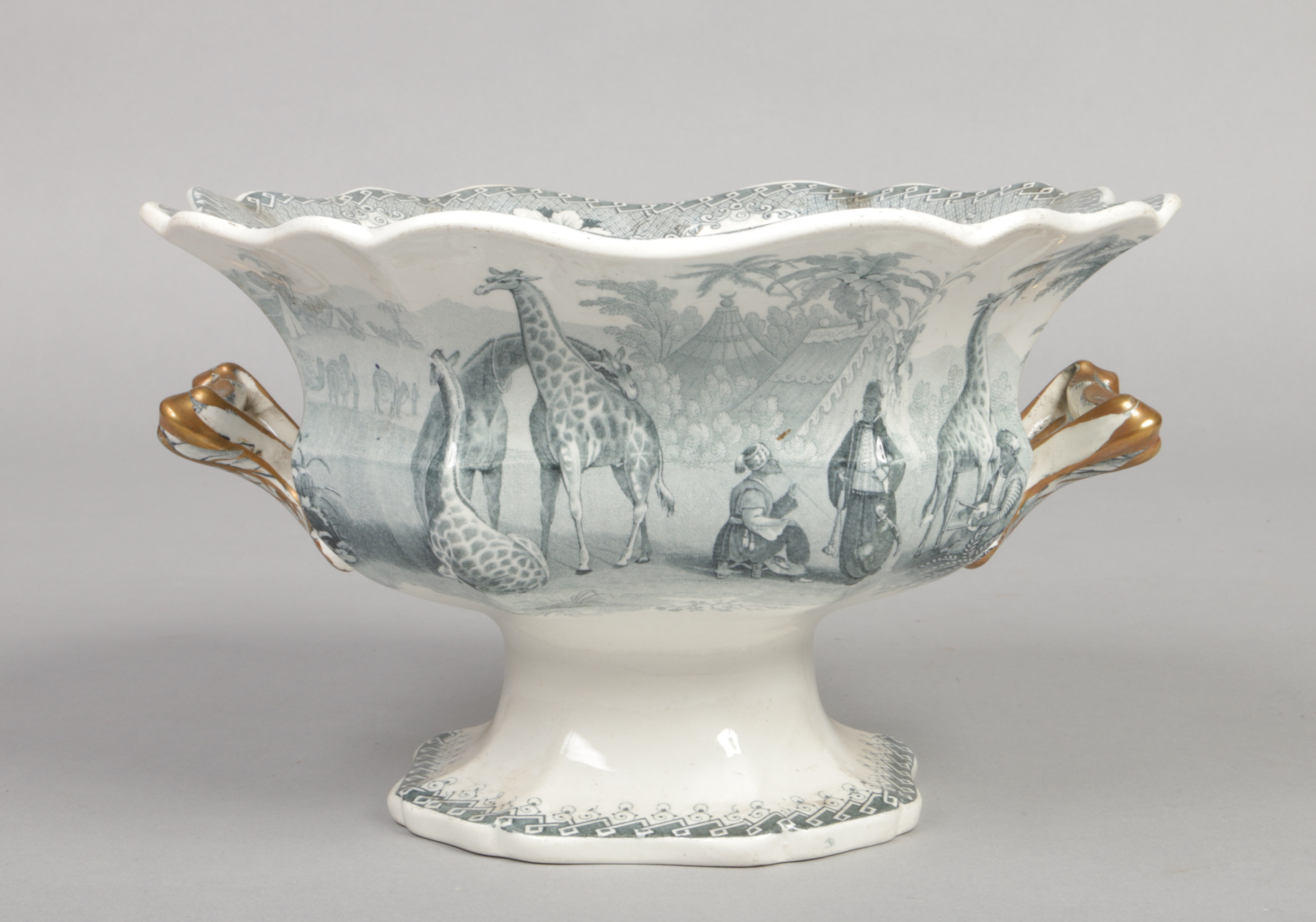 A John Ridgway twin handled pedestal bowl. Printed in green and gilded with the Giraffe pattern,