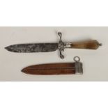 An 18th century German hunting knife in leather scabbard. With silver mounts and faceted agate
