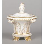 A rare Rockingham pastille burner and cover of Neo-Classical style with simple gilt decoration.