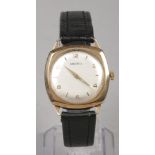 A gentleman's 9ct gold cased Helvetia manual wristwatch. With satin dial having pointed baton and