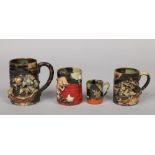 Three Japanese Sumida Gawa graduated mugs and another. Each with drip glazes and applied with