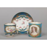 A Sevres coffee can with blue celeste and gilt ground. Later painted with the portrait of a lady,