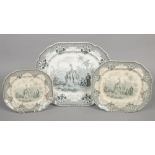 Three John Ridgway graduated serving dishes. Printed in green with the Giraffe pattern, depicting