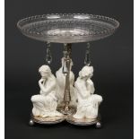 An Edwardian silver plated and cut glass comport on trefoil stand. Surmounted with three Copeland