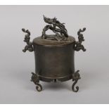 A 19th century Chinese bronze censer. With a scrolling dragon knop, cloud scroll handles and
