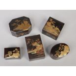 Five Japanese lacquered trinket boxes. Each decorated in gilt with pagoda landscapes. Largest 10.
