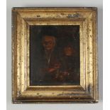 A 19th century gilt framed oil on oak panel. Depicting a man and young boy lighting candles, 22cm
