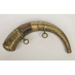 An 18th century brass mounted horn powder flask, 35cm.