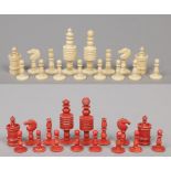 A 19th century carved and turned bone Barleycorn Captain Cook style chess set in mahogany box.