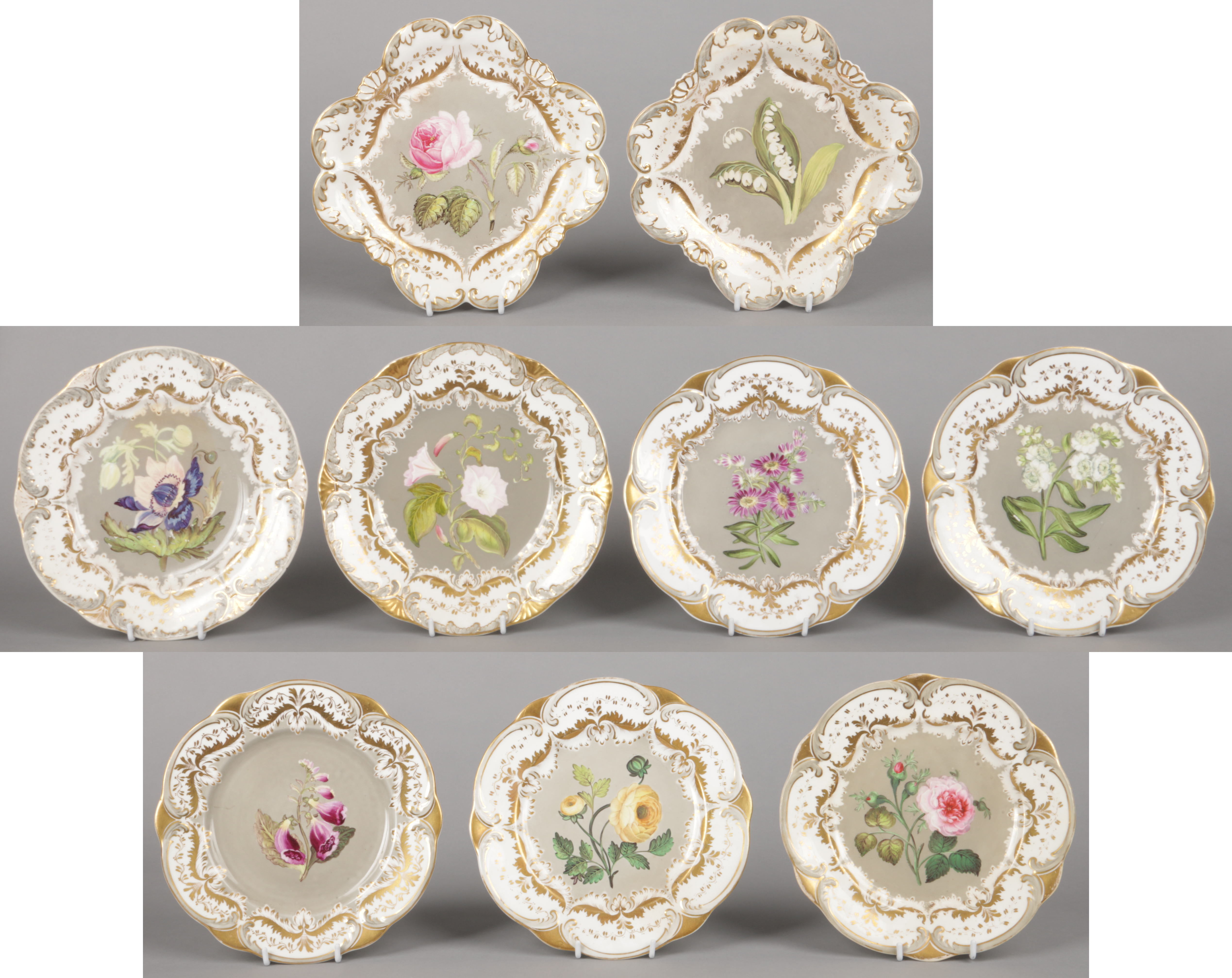 A Rockingham part dessert service with C-scroll moulding and having gilt and grey borders. Each