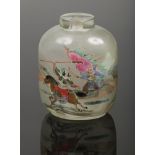 A large Chinese glass snuff bottle. Painted inside out with mounted figures and a lone warrior in