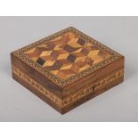 A Victorian rosewood Tunbridge inlaid box with specimen woods parquetry inlaid top, 15.25cm wide.