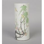 A Chinese Republic period sleeve vase. Painted with canaries and butterflies with a blossoming tree,