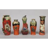Five Japanese Sumida Gawa vases including one of square waisted form. All with drip glazes over