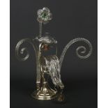 A silver plated and glass single flute assembled epergne. Base inscribed and dated 1914, 45cm.