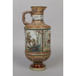 A large Mettlach pedestal ewer. Decorated with a continuing woodland landscape with figures and