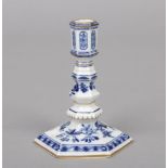 A Meissen blue and white candlestick of hexagonal form. Painted in underglaze blue with the Onion